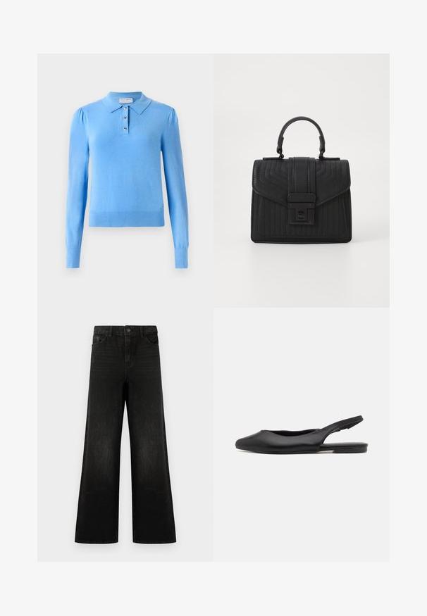 Lyseblå langærmet pullover med polo krave, fire-knaps lukning og ribbede manchetter. Blød tekstur med subtil glans.; Sorte brede jeans lavet af denim, med knaplukning foran, bæltestropper og fire lommer, der har en glat tekstur og let falmning.; Sorte læder slingback sko med spidse tæer, flad hæl og buet udskæringsdesign. Glat overflade og minimalistisk stil.; Sort læderhandtaske med kviltet tekstur, rektangulær form, topbærerhåndtag og en frontklap med en sølvfarvet spænde.