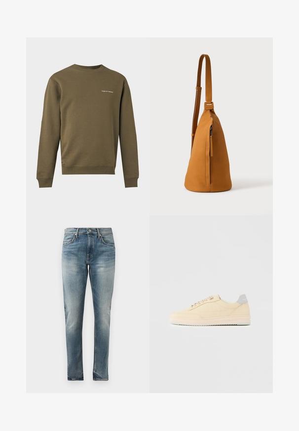 Sudadera de cuello redondo, manga larga, color verde oliva con pequeño logo de texto "Tiger of Sweden" en el pecho izquierdo.; Jeans de denim azul de corte slim con lavado desgastado, estilo de cinco bolsillos, cierre de botón y un sutil efecto de desgaste en las caderas y rodillas.; Zapatilla deportiva beige de corte bajo con cierre de cordones en la parte delantera, suela rosa claro y lengüeta trasera gris con la marca "Filling Pieces", mostrada de perfil sobre un fondo liso.; Bolso bandolera de piel color canela con correa ajustable y bolsillo vertical con cremallera, mostrado de lado sobre un fondo claro y liso.