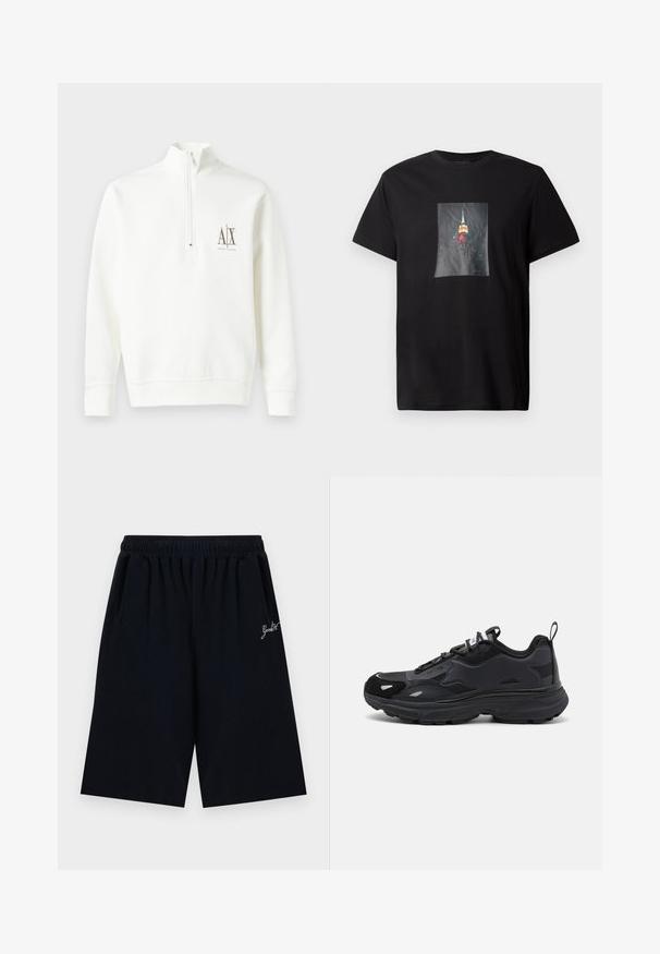 Sweat-shirt blanc à zip, fabriqué en tissu doux. Il présente un petit logo marron sur la poitrine gauche et un ourlet et des poignets côtelés.; T-shirt en coton noir avec une image imprimée du Empire State Building la nuit, mettant en valeur des lumières colorées et un paysage urbain détaillé.; Short noir jusqu'au genou avec une ceinture élastique et un petit texte blanc en écriture cursive sur le côté droit.; Baskets de course noires avec une tige texturée, des accents synthétiques lisses, une semelle épaisse et des détails réfléchissants. Présente un design à lacets et une poignée arrière.