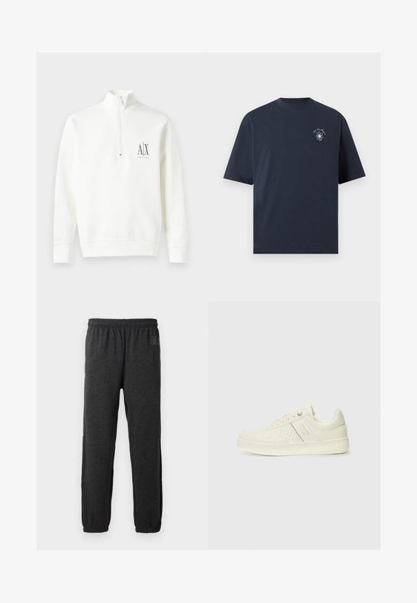 Witte zip-neck sweatshirt van zachte stof. Heeft een klein logo op de linkerkant van de borst in bruin en een geribde zoom en manchetten.; Marineblauw T-shirt met ronde hals en korte mouwen, met een klein wit bloemmotief en cursieve tekst op de linkerborst.; Grijze sweatpants van zacht materiaal, met een elastische tailleband en taps toelopende benen met elastische boorden. Subtiele logo-detail op een been.; Crème-kleurige sneaker met geperforeerde details, veters en een logo aan de zijkant, weergegeven tegen een eenvoudige witte achtergrond.