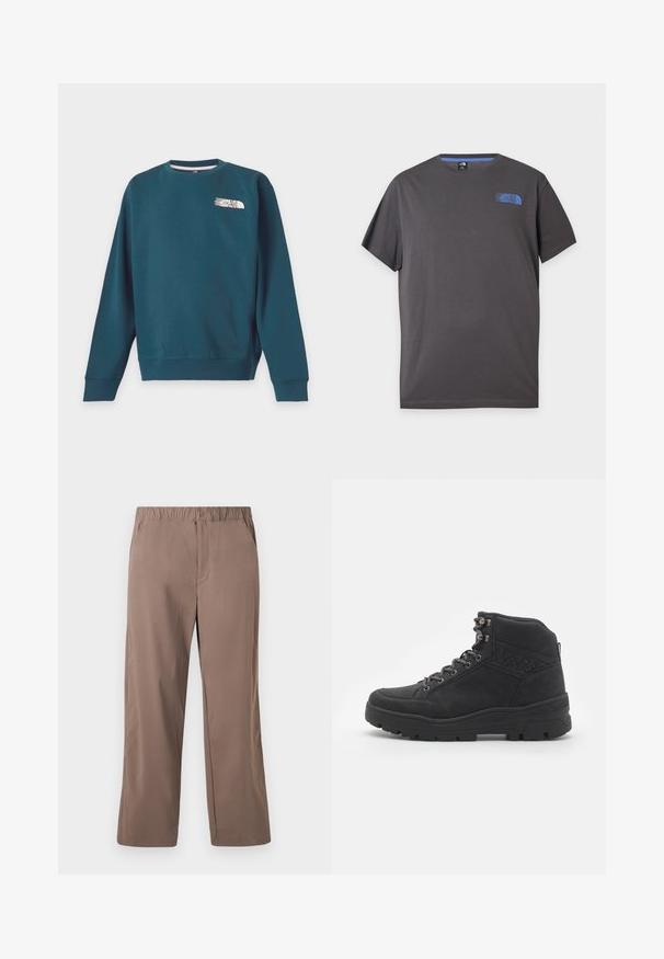 Tmavozelená mikina s dlhým rukávom, okrúhlym výstrihom a malým bielym logom The North Face na ľavej strane hrudníka.; Tmavosivé tričko s krátkym rukávom a okrúhlym výstrihom s malým modrým logom The North Face na ľavej hornej časti hrudníka na bielom pozadí.; Voľné hnedé nohavice s priamym strihom, elastickým pásom a zapínaním na gombík, prednými vreckami a hladkou textúrou materiálu.; Čierne semišové čižmy po členky. Majú kovové očká, šnúrky a textúrovanú gumovú podrážku s vystuženou pätou.