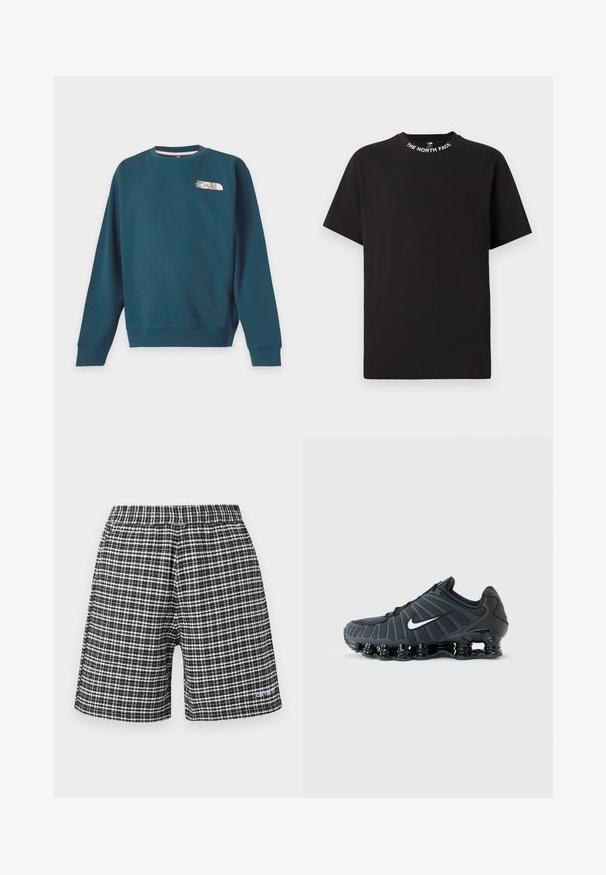 Sweat-shirt bleu sarcelle foncé à manches longues avec col rond et petit logo blanc The North Face sur la poitrine gauche.; T-shirt noir à manches courtes avec col rond affichant le texte "THE NORTH FACE" imprimé autour du col.; Shorts à carreaux noir et blanc avec taille élastique et petit logo sur la partie inférieure de la jambe gauche.; Chaussure de course Nike noire avec logo swoosh blanc, semelle segmentée rembourrée et tige en maille respirante sur fond gris uni.