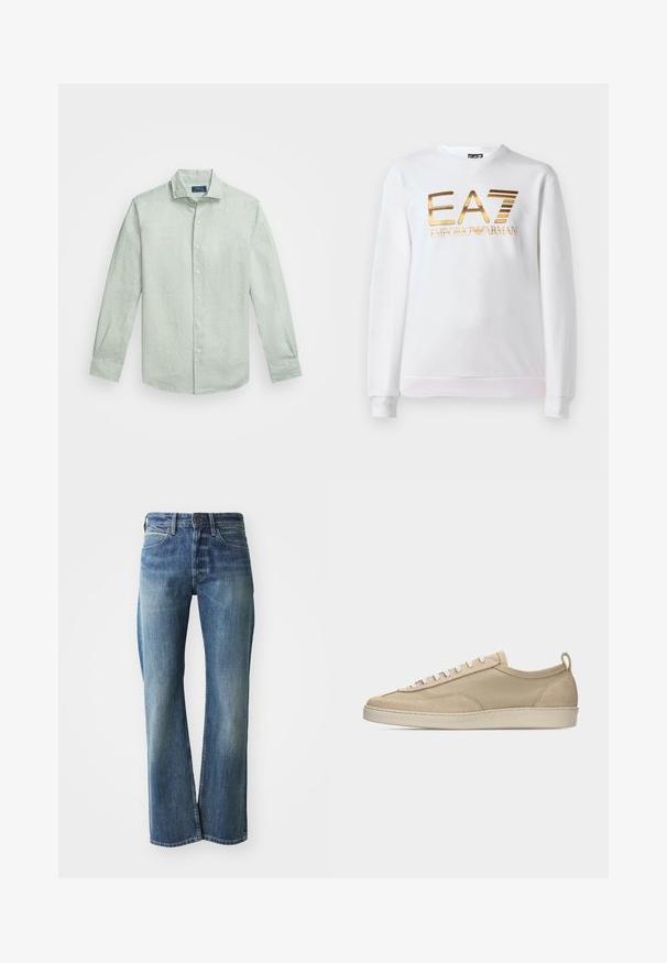 Valge puuvillane dressipluus, millel on pika varruka ja ümmargune kaelus. Ees on metallik kuldne logo "EA7 EMPORIO ARMANI."; Heleda haljuvaheline helesinine särk, millel on väike valge täpikiri, klassikaline krae, pikad varrukad ja ümar äär.; Teksased, millel on hele kuni keskmine sinine värv, sirge jalgade lõige, klassikaline viie tasku disain ning kerge pleekimine ees.; Beež madala säärega vabaajajalanõu kangast ja seemisnahast pealisega, valgete paeltega, kummikummist tald ja kontsapaelaga, kujutatud valgel taustal küljelt vaates.