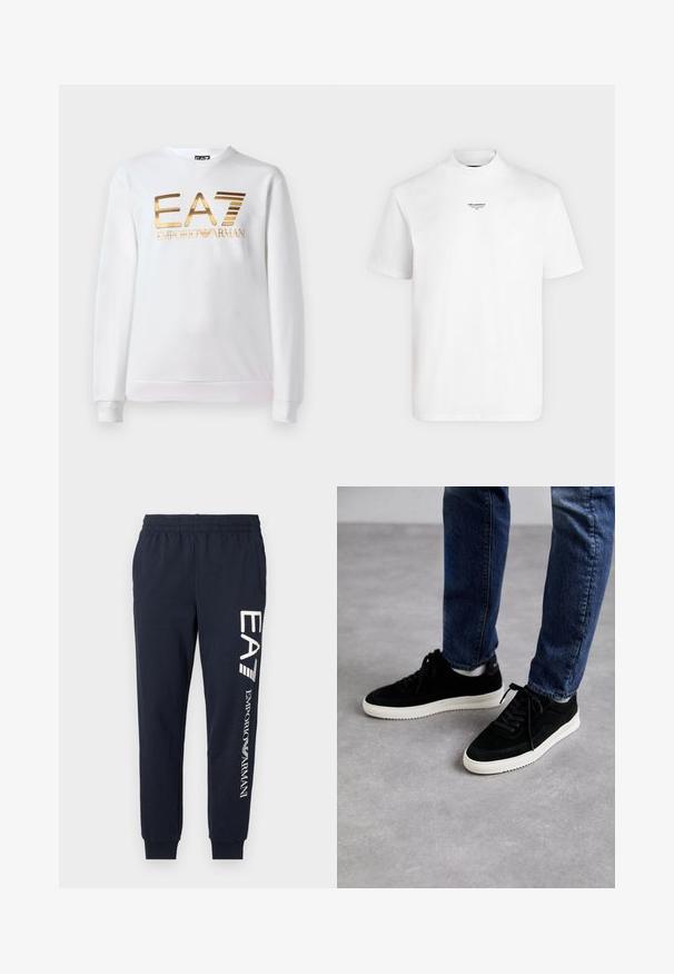 Valge puuvillane dressipluus, millel on pika varruka ja ümmargune kaelus. Ees on metallik kuldne logo "EA7 EMPORIO ARMANI."; Valge lühikeste varrukatega T-särk, millel on kõrge kaelus ja väike must tekstlogo krae lähedal keskel, kus on kiri „KARL LAGERFELD.”; Tumedate sinised puuvillased dressipüksid, millel on elastne vöökoht, kitsenevad sääred ja kontrastsed valged EA7 ja Emporio Armani logod trükituna küljele.; Mustast nahast tennisetossud valge kummiseguga tallaga, klassikalise madala disainiga, ümarate varvastega ja lame mustade paeltega.
