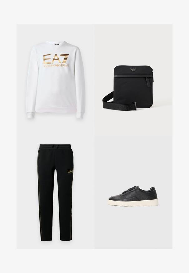 Valge puuvillane dressipluus, millel on pika varruka ja ümmargune kaelus. Ees on metallik kuldne logo "EA7 EMPORIO ARMANI."; Mustad mustadest spordipükstest, millel on kitsenev disain, elastne vöökoht koos paelaga ning kuldsed aktsenttriibud külgedel ja logo.; Must be a black leather sneaks, millelööb, ümar ninaga ja lame valge kummitald. Omab musti paelu ja brändingut kanna peal.; Must ruudukujuline õlakott tõmblukuga, esitasku ja reguleeritava rihmaga, millel on reljeefne kaubamärgi nimi.