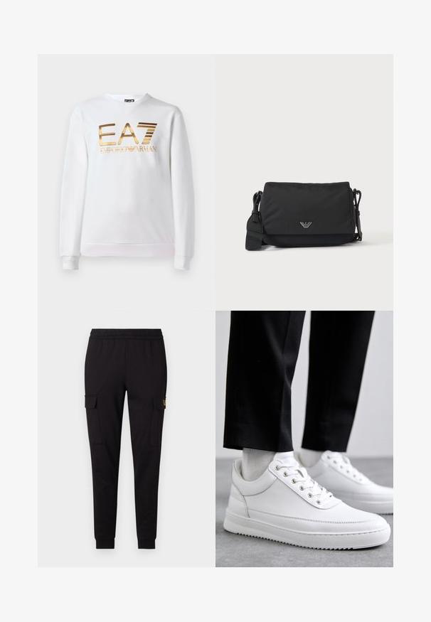 Sweat-shirt blanc en coton avec des manches longues et un col rond. Présente un logo métallique doré "EA7 EMPORIO ARMANI" sur le devant.; Pantalons de jogging noirs en tissu doux, présentant une coupe fuselée et deux poches cargo latérales avec un logo discret sur une poche.; Baskets blanches en cuir avec une semelle en caoutchouc plat, présentant une finition lisse, un bout rond et des œillets en métal pour les lacets. Portées avec un pantalon noir.; Sac bandoulière noir avec sangle réglable et petit emblème logo argenté sur le rabat avant, présenté sur un fond clair uni.