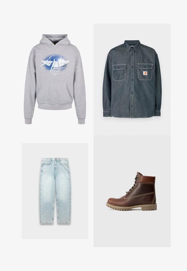 Grijze hoodie met een voorkluitzak, voorzien van een grafisch ontwerp met wolken en de tekst "Higher Than Heaven" in witte, gestileerde letters.; Donkergrijze denim blouse met knopen, twee borstzakken met knopen, wit contrasterend stiksel en een klein oranje logolabel op de rechterzak.; Lichtblauwe denim jeans met een losse pasvorm, rechte pijpen, vervaagd textuur, vijf-pocket ontwerp en metalen knoopsluiting bij de taille.; Bruine leren veterschoen tot de enkel met gevoerde kraag, contrasterende stiksels en een robuuste zool, getoond vanaf de buitenkant op een witte achtergrond.