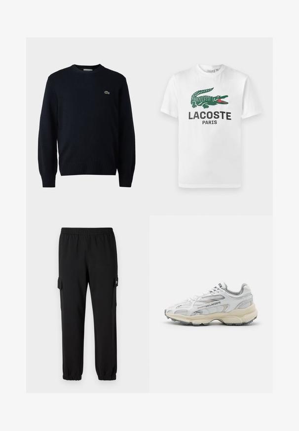 Marine crewnecktrui gemaakt van zacht materiaal, met ribgebreide manchetten en zoom. Klein groen Lacoste-logo op de borst.; Lacoste T-shirt print - white; Zwarte joggingsbroek met een elastische tailleband, taps toelopende boorden en zijcargo zakken. Gemaakt van een zachte stof met een gladde textuur.; Witte sportieve schoenen met grijze accenten, bovenwerk van mesh en synthetisch materiaal, vetersluiting en een geprofileerde rubberen zool met looppatronen.