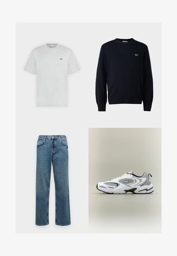 Tumed crew-neck kampsun, mis on valmistatud pehmest materjalist, ribaga varrukate ja alläärge. Rindkere peal väike roheline Lacoste logo.; Helehall lühikeste varrukatega ümara kaelusega T-särk väikese rohelise Lacoste krokodilli logoga vasakul rinnal.; Sinine denimist teksapüks, sirge lõikega, viis taskut, nööp- ja tõmblukkude sulgemine ning nähtavad õmblused.; Valge ja hall sportlik jooksujalats, millel on võrgupaneelid, rohelised aktsendid, mustad detailid ja küljes logo, nähtuna välisküljelt.