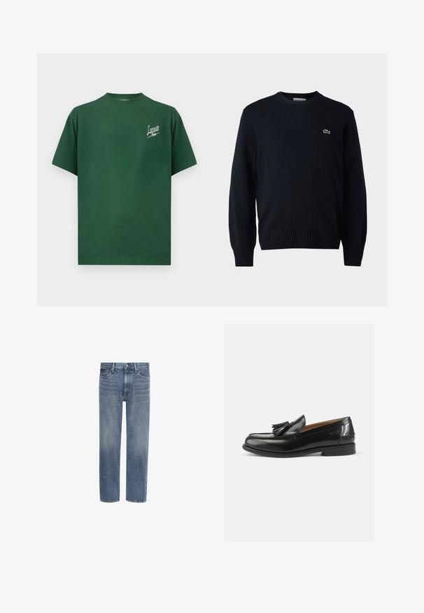 Námornícky sveter s okrúhlym výstrihom vyrobený z mäkkého materiálu, s rebrovanými manžetami a spodným lemom. Malé zelené logo Lacoste na hrudi.; Zelené bavlnené tričko s okrúhlym výstrihom, krátkymi rukávmi a bielym logom "Lacoste Paris" na ľavej strane hrude.; Modré rifľové nohavice s rovnými nohavicami, prednými vreckami, pútkami na opasok a zapínaním na gombík.; Čierne kožené mokasíny s ozdobným strapcom, zaoblenou špičkou a hladkým povrchom. Podrážka je plochá s minimálnym vzorom.