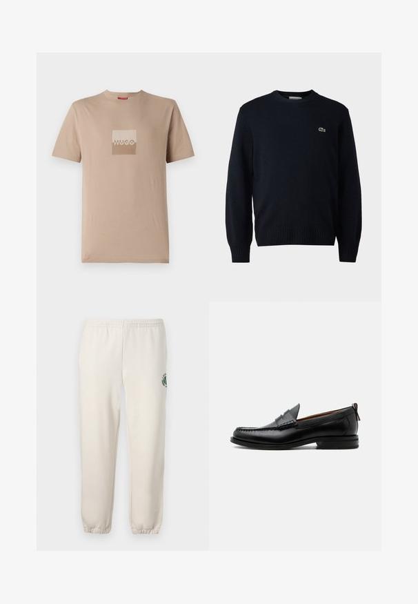 Marine crewnecktrui gemaakt van zacht materiaal, met ribgebreide manchetten en zoom. Klein groen Lacoste-logo op de borst.; Beige t-shirt gemaakt van katoen, met een vierkant logo in wit en lichtbruine tinten. Korte mouwen, ronde hals, standaard pasvorm.; Lichtbeige sweatpants van katoen, met een elastische tailleband, geribde boorden en een groen logo met een bladerenontwerp op het linkerpand.; Zwarte leren herensloffen met moc toe stiksel, pennyriem, gestructureerde kraag en lage gestapelde hak op witte achtergrond.