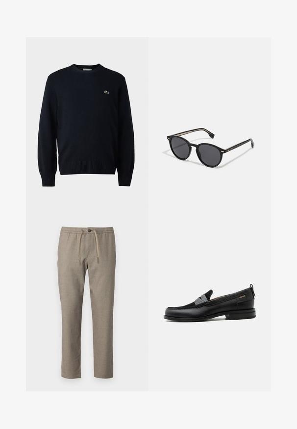Marine crew-neck sweater lavet af blødt materiale, med ribbede manchetter og kant. Lille grønt Lacoste-logo på brystet.; Beige bukser med elastisk talje, snor til lukning og lige ben. Materialet har en subtil tekstur.; Sort læderloafer med grå remdetalje, lav hæl og tekstureret sål, mærket med "HUGO" i guld på siden.; BOSS Solbriller - black
