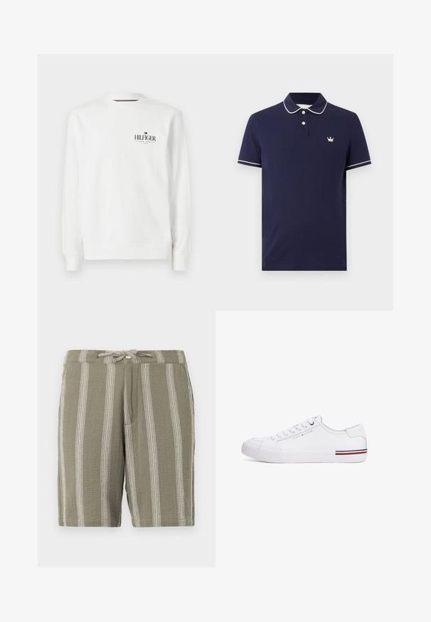 Weißer Sweatshirt mit Rundhalsausschnitt, langen Ärmeln, gerippten Bündchen und einem schwarzen Hilfiger-Logo auf der Brust. Weicher Stoff und angenehme Haptik.; Marineblaues Poloshirt mit weißem Besatz an Kragen und Ärmeln, zwei weißen Knöpfen und kleinem weißem Kronenlogo auf der linken Brust.; Grüne Shorts aus strukturiertem Stoff mit vertikalen weißen Streifen, einem verstellbaren Kordelzugbund und schrägen Seitentaschen.; Weißer Sneaker mit einem glatten synthetischen Obermaterial, abgerundeter Spitze, geschnürtem Front und Logodetail. Verfügt über einen mehrfarbigen Streifenakzent an der Sohle.