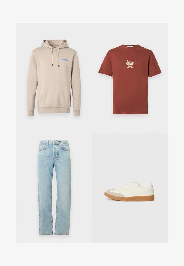 Beige hoodie gemaakt van zachte stof, met een voorzak, trekkoordcapuchon en een blauw logo op de borst.; Korte mouwen, roestkleurig katoenen T-shirt met een wit gedrukt logo "the Biarritz Replay Club Cote d'Azur" op de borst.; Lichtblauwe denim jeans met een rechte pijp, voorzien van een klassieke tailleband, vijf zakken en subtiele veroudering over de stof.; Schoen gemaakt van wit leer met een beige teenkap en een lichtbruine rubberen zool. Voorzien van platte witte veters en reliëfbranding aan de zijkant.