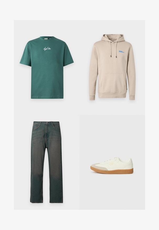 Beige hættetrøje lavet af blødt stof, med en frontlomme, snoretræk i hætten og et blåt logo på brystet.; Grøn bomuld T-shirt med rund hals og korte ærmer. Har hvid, kursiv tekst "high tea" på forsiden. Enkel design, ingen mønstre.; Mørkegrønne denimjeans med lige ben, der har et klassisk design med fem lommer og kontrastsyninger langs sømmene.; Sneaker lavet af hvid læder med en beige tåhætte og let brunt gummisål. Har flade hvide snørebånd og prægede branding på siden.
