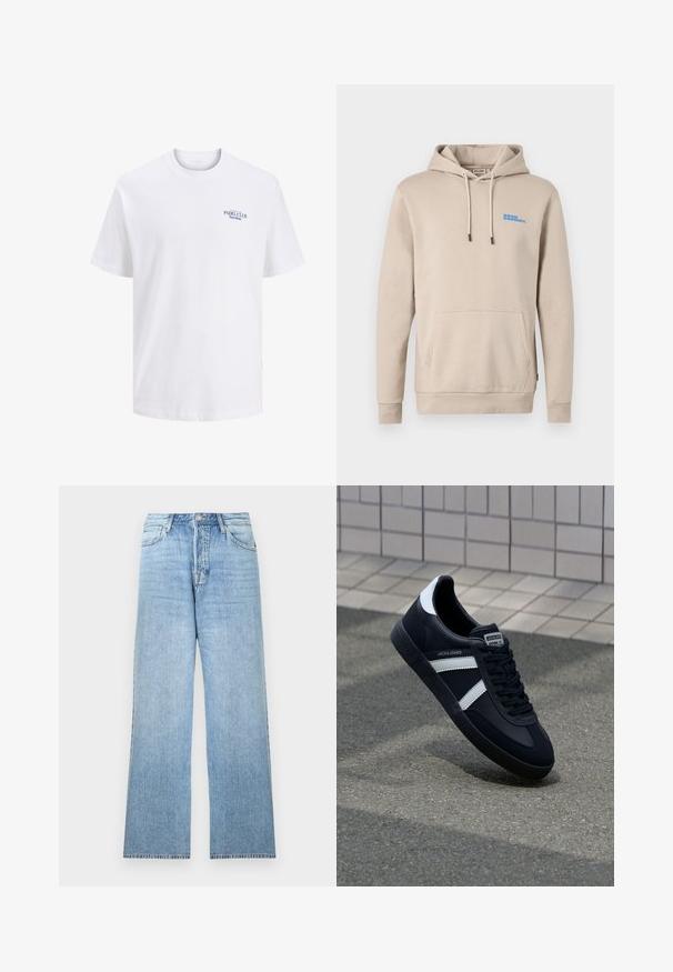 Beige hættetrøje lavet af blødt stof, med en frontlomme, snoretræk i hætten og et blåt logo på brystet.; Hvid bomulds t-shirt med rund hals, der har et lille blåt trykt logo på brystet med teksten "PADEL CLUB Barcelona." Korte ærmer.; Lyseblå denimjeans med lige ben, lukning med øverste knap, fem-lommer-design og frynset kant.; Sort lædersneaker med hvide striber, tekstureret gummisål og snørrebånd foran. Har et brandet mærke på tungen.
