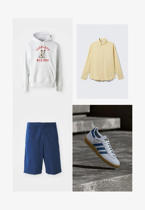 Sweatshirt à capuche gris avec une poche kangourou, arborant un graphisme imprimé d'un chien et "CABHARTT WILD DOGS" en texte rouge.; Chemise jaune à manches longues boutonnée en tissu texturé, avec une poche poitrine, un col pointu et un ourlet arrondi. Étiquette de la marque visible.; Bermuda en coton bleu marine avec une fermeture à bouton à l'avant, des poches latérales et une coupe droite, présentant une texture lisse et sans motifs visibles.; Baskets Adidas Spezial bleu clair avec des rayures bleu marine et une semelle en gomme, montrées en l'air au-dessus d'escaliers en béton dans un environnement extérieur neutre.