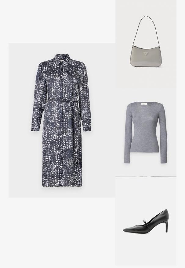 Hallitatud hall pikka varrukatega topp ümmarguse kaelusega ja keha külge püsiv siluett. Kanga tekstuur on sile ja kerge läikega.; Calvin Klein DRESS - Särkkleit - inkwell; Mustast nahast terava varbaga kõrge kontsaga king, millel on peen rihm ja pandlaga üle jala pealse, seisab neutraalsel heledal taustal.; Hall hallitõmbluknahast õlakott kõvera disainiga, musta äärega ja hõbedase logoplokiga ees. Reguleeritav rihm mitmekülgseks kantamiseks.