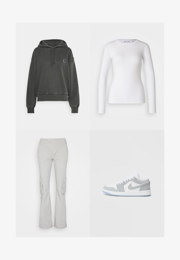 Carhartt WIP HOODED NELSON - Jersey con capucha - black; Camisa blanca de manga larga hecha de tela acanalada, con un cuello redondo y una forma ajustada. No presenta patrones ni detalles.; Cotton On BOOTLEG PANT - Pantalones cargo - slate; Zapatillas Nike que presentan una combinación de piel gris y blanca, puntera perforada, cordones y una suela exterior azul claro con detalles del logo.