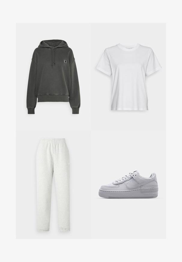 Carhartt WIP HOODED NELSON - Hættetrøje - black; Hvid bomulds T-shirt med korte ærmer, rund hals og en afslappet pasform. Glat tekstur, uden mønstre eller grafik, enkel design.; Lys grå sweatpants med elastisk talje, tapered ben og ribbede manchetter. Fremstillet af et blødt, tekstureret stof. Hvid logo detalje på siden.; Grå Nike Air Force 1 sneakers med perforeret tå, glat læderoverdel, tyk sål og præget 'AIR' detalje på hælen.
