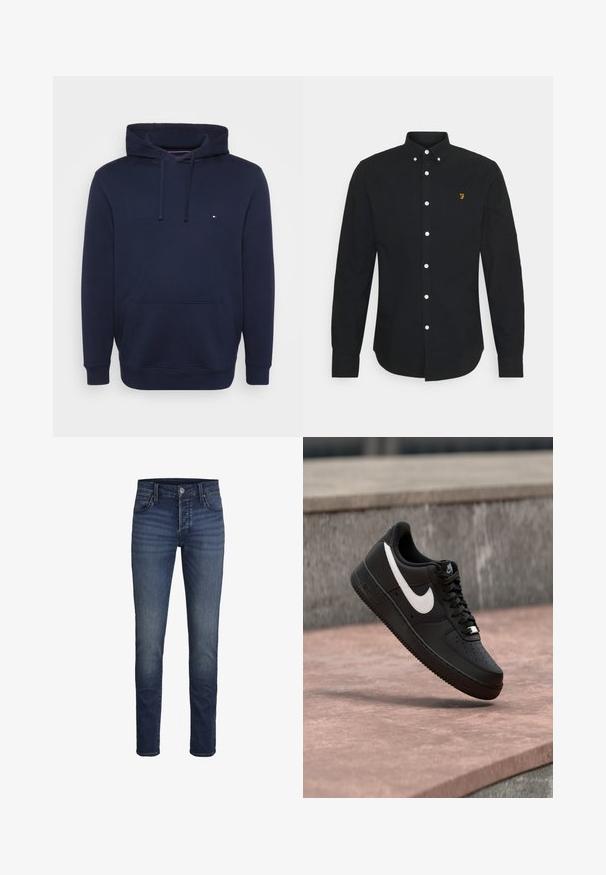 Navy blauwe hoodie van een katoenmix, met een voorkrupp pocket, trekkoord aan de capuchon en een klein logo op de borst. Glad textuur.; Zwarte blouse met lange mouwen van stof, met een button-down kraag en witte knopen; heeft een klein geel logo op de linkerborst.; Donkerblauwe denim jeans met een rechte snit, voorzien van klassieke vijf-pocket stijl en een subtiele textuur.; Zwarte Nike Air Force 1 sneaker met wit swoosh-logo zwevend boven een stenen oppervlak en een grijze, getextureerde muur op de achtergrond.