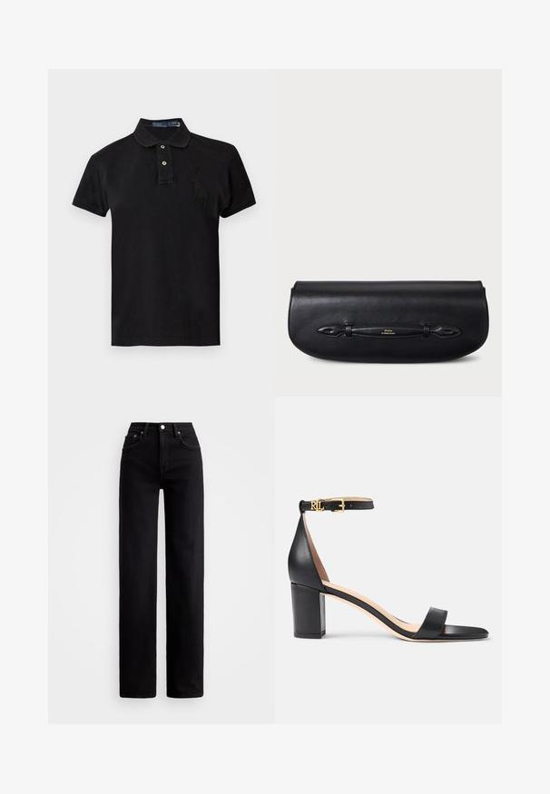 Sort kortærmet polo skjorte med to knapper og et stort sort broderet polo spiller logo på venstre bryst.; Højtaljede sorte jeans med lige ben, lavet af denim, med frontlommer og sølvknaplukning.; Lauren Ralph Lauren LOGAN BURNISHED LEATHER SANDAL - Sandaler - black; Sort læderclutch med glat tekstur, rundet form og en dekorativ rem med et guldfarvet logodetalje.