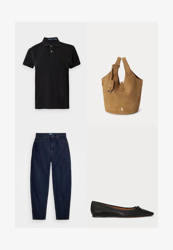 Polo noir à manches courtes avec deux boutons et un grand logo brodé de joueur de polo noir sur la poitrine gauche.; Jeans en denim bleu marine avec une coupe droite, dotés de surpiqûres orange, d'une fermeture à bouton à l'avant et de cinq poches.; Ballet flat en cuir noir avec un bout pointu, une silhouette élancée et un petit nœud à l'avant. Texture lisse et design minimal.; Sac cabas en daim marron avec double poignée, une petite étiquette, fermeture à bouton et logo Polo Ralph Lauren blanc sur le devant.