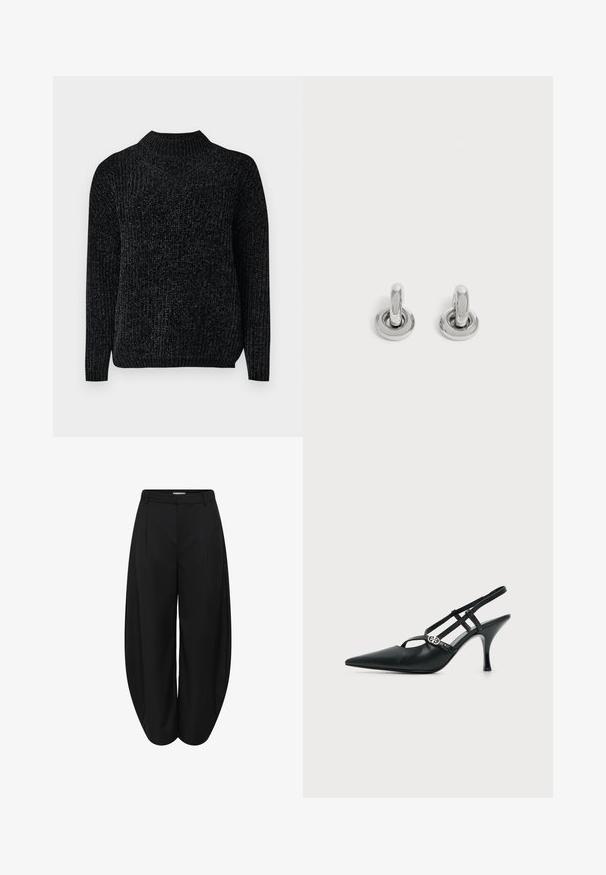 Suéter de punto de chenilla negro con mangas largas y cuello alto acanalado, mostrado sobre un fondo blanco.; Pantalones cortos de pierna ancha negros con cintura alta y plisados delanteros, con trabillas para cinturón y cierre delantero oculto.; Tacón slingback de cuero negro con punta puntiaguda, tiras finas y una pequeña hebilla decorativa plateada en el lateral.; Par de pequeños pendientes de aro plateados brillantes con base redonda, exhibidos sobre un fondo claro y liso.
