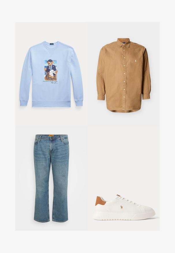 Sudadera de manga larga en azul claro con un gráfico de un oso con ropa náutica sentado en una silla, etiquetado como Polo Bear de Ralph Lauren.; Camisa marrón claro de manga larga con botones, cuello abotonado y pequeño logo bordado en el pecho izquierdo.; Jeans de mezclilla en azul claro con corte recto, cinco bolsillos, costura visible y bragueta con cremallera. La etiqueta es amarilla en la parte interior de la cinturilla.; Zapatilla blanca de caña baja con lengüeta trasera en color marrón claro, cordones blancos y un pequeño logo bordado de jugador de polo en el lateral sobre una suela gruesa.