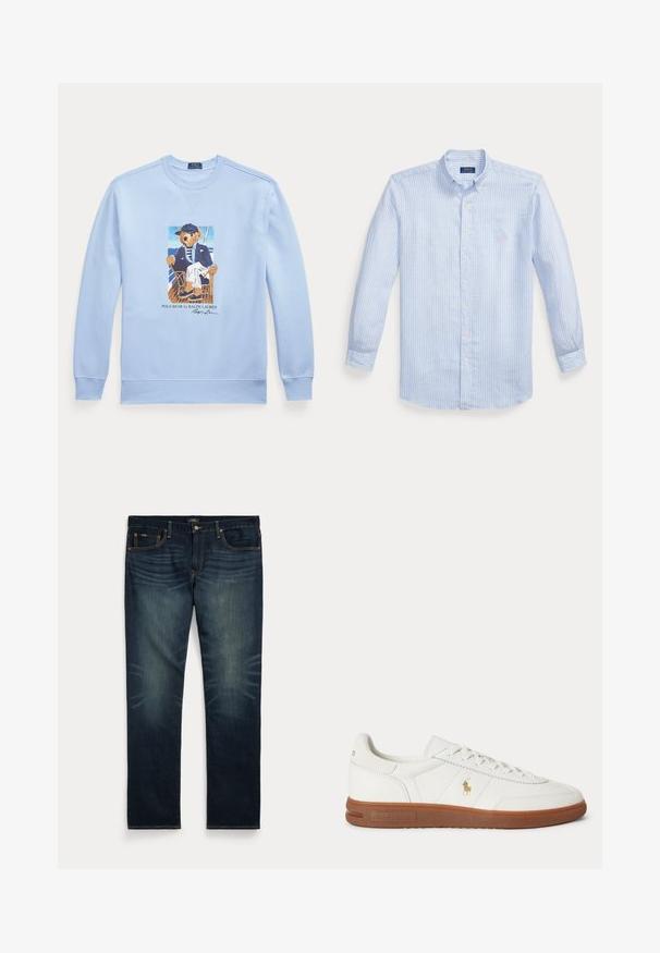 Hellblauer Sweatshirt mit langen Ärmeln und einer Grafik eines Bären in nautischer Kleidung, der auf einem Stuhl sitzt, mit der Aufschrift Polo Bear von Ralph Lauren.; Hellblaues langärmliges Hemd mit weißen vertikalen Streifen und kleinem pinkfarbenem Logo auf der linken Brust.; Dunkelblaue Jeans aus Denim mit dezentem Verblassen an den vorderen Oberschenkeln und orangefarbenen Nähten, mit Knopf- und Reißverschluss sowie fünf Taschen.; Weißer Sneaker mit niedrigem Schnitt, brauner Sohle, Schnürung vorne und kleinem goldfarbenem Polo Ralph Lauren Logo an der Seite.