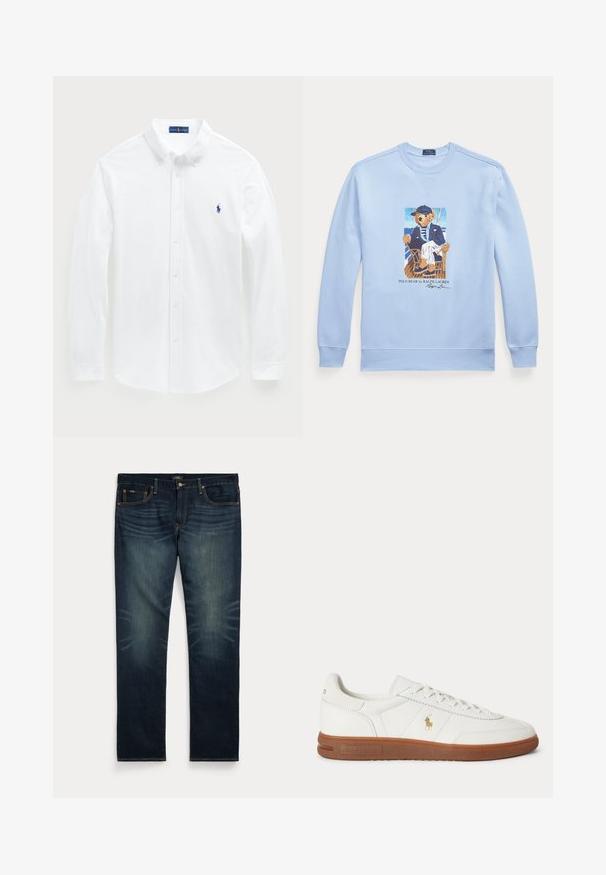 Lichtblauwe trui met lange mouwen met een afbeelding van een beer in nautische kleding die op een stoel zit, gelabeld Polo Bear door Ralph Lauren.; Witte langetermijn shirt van katoen, met een button-down kraag en een klein blauw polo logo op de borst. Soepele textuur, klassieke pasvorm.; Donkerblauwe spijkerbroek met subtiel vervagen op de voorkant van de bovenbenen en oranje stiksel, met knoop- en ritssluiting en vijf zakken.; Witte lage sneaker met bruine zool, veters aan de voorkant en klein gouden Polo Ralph Lauren-logo aan de zijkant.