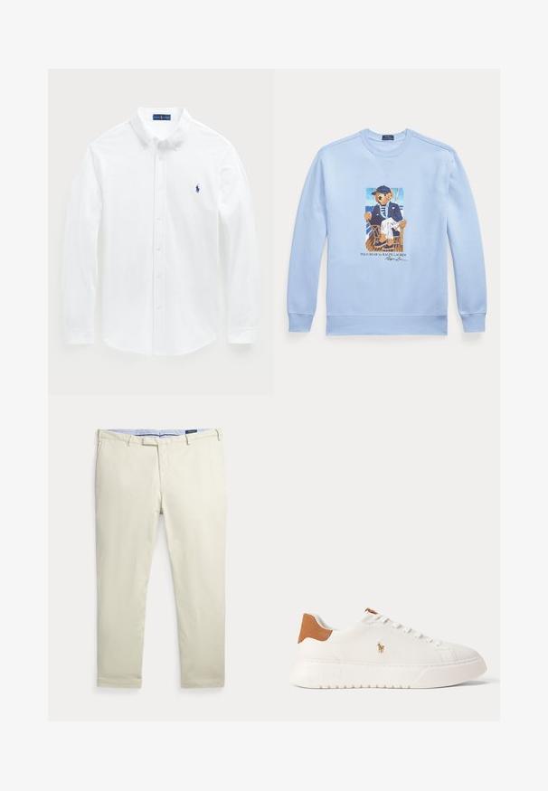 Svetlomodrá mikina s dlhým rukávom s grafikou medveďa v námornej uniforme sediaceho na stoličke, označená Polo Bear od Ralph Lauren.; Biela košeľa s dlhým rukávom vyrobená z bavlny, s golierom na gombíky a malým modrým logom polo na hrudníku. Hladká textura, klasický strih.; Pánske béžové nohavice rovného strihu s pútkami na opasok a prednými vreckami, položené na bielom pozadí.; Biely nízky teniska s béžovou pätovou záložkou, bielymi šnúrkami a malým vyšívaným logom hráča póla na boku nad tlustou podrážkou.
