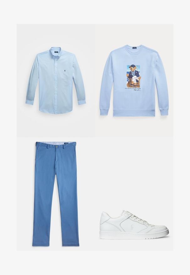 Hele sinine pika varrukaga dressipluus, millel on joonistus merendusteemal riietatud karust toolil, sildiga Polo Bear by Ralph Lauren.; Hele sinine pika varrukaga nööriga särk, mis on valmistatud siledast kangast, millel on nööpidest krae ja väike tikand vasakul rinnal.; Hele sinised chino-püksid, millel on sile tekstuur, nupu sulgemine, vööaasad ja küljetaskud. Kujundus on kohandatud sirgete säärtega.; Valged nahast spordijalatsid siledast materjalist, millel on ventilatsiooniga varvas, paelad ja kõrvale brodeeritud logo. Valge kummitald.