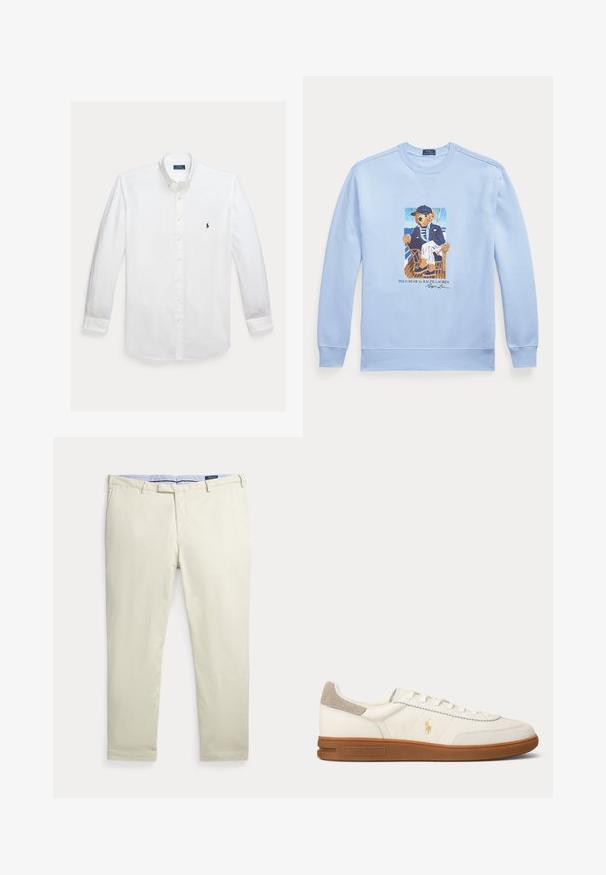 Lichtblauwe trui met lange mouwen met een afbeelding van een beer in nautische kleding die op een stoel zit, gelabeld Polo Bear door Ralph Lauren.; Witte blouse met lange mouwen, knoopsluiting, kraag en klein marineblauw Polo Ralph Lauren-logo geborduurd op de borst.; Beige rechtse herenbroek met riemlussen en voorzakken, plat gelegd op een witte achtergrond.; Witte leren lage sneaker met bruine rubberen zool, beige suède hielstuk en klein gouden Polo logo aan de zijkant.