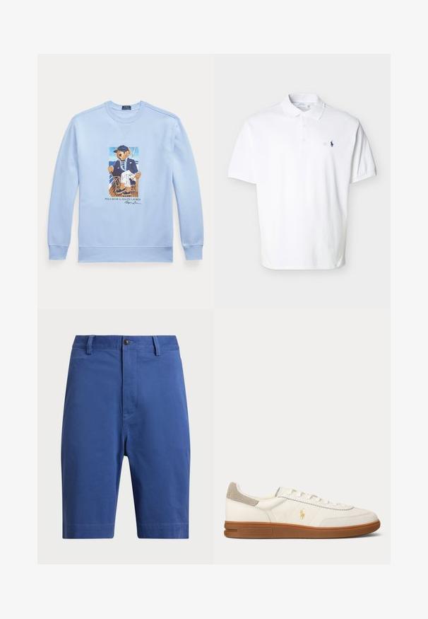 Hellblauer Sweatshirt mit langen Ärmeln und einer Grafik eines Bären in nautischer Kleidung, der auf einem Stuhl sitzt, mit der Aufschrift Polo Bear von Ralph Lauren.; Weißes kurzärmeliges Poloshirt mit Kragen, drei Knöpfen und kleinem marineblau besticktem Logo auf der linken Brust.; Blaue Baumwollshorts mit flachem Bund, einem einzelnen Knopfverschluss und Gürtelschlaufen. Gerade geschnittene Beine ohne sichtbare Muster oder Akzente.; Weißer Leder-Low-Top-Sneaker mit brauner Gummisohle, beigem Wildleder-Absatzfleck und kleinem goldenen Polo-Logo an der Seite.