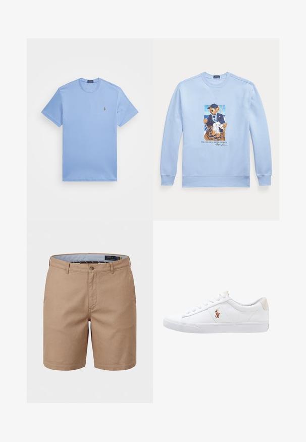 Svetlomodrá mikina s dlhým rukávom s grafikou medveďa v námornej uniforme sediaceho na stoličke, označená Polo Bear od Ralph Lauren.; Svetlomodré tričko s krátkymi rukávmi vyrobené z bavlnenej zmesi. Má okrúhly výstrih a malé vyšívané logo na ľavej hrudi.; Pánske béžové chino šortky s pútkami na opasok, predným zapínaním na gombík, bočnými vreckami a vnútorným pásom s logom Polo Ralph Lauren.; Biele plátenné tenisky s nízkym strihom, ktoré majú béžový opasok na päte a malé vyšívané logo na boku. Gumová podrážka.