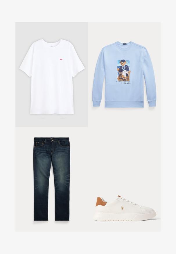 Lyseblå langærmet sweatshirt med grafik af en bjørn i sømandsudstyr, der sidder på en stol, mærket Polo Bear af Ralph Lauren.; Hvid bomulds t-shirt med korte ærmer og rund halsudskæring. Har et lille rødt Levi's logo på venstre bryst. Flad design, uden mønstre.; Mørkeblå denimjeans med subtil falming på forreste lår og orange syninger, med knap- og lynlåslukning samt fem lommer.; Hvid lavtop sneaker med tan hælfane, hvide snørebånd og lille broderet polo-spiller logo på siden over en tyk sål.