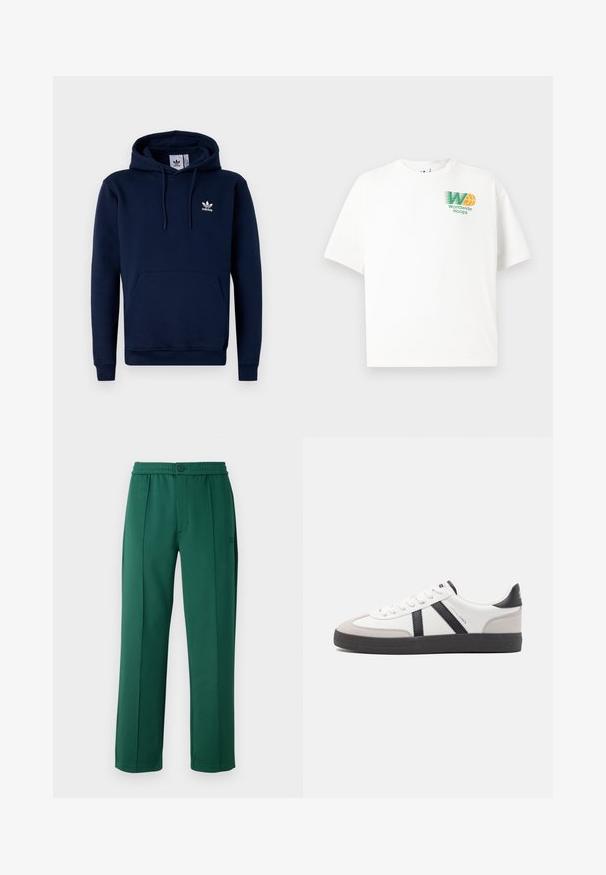 Námornícky modrá mikina s kapucňou vyrobená z jemnej, štruktúrovanej látky. Obsahuje predné vrecko, kapucňu so šnúrkou a biele logo na hrudi. Jednoduchý dizajn.; Biela bavlnená tričko s voľným strihom. Na ľavej strane hrude sa nachádza grafický logo v zelenej a oranžovej farbe s nápisom "Worldwide Hoops."; Zelené polyesterové nohavice s voľným strihom, elastickým pásom, prednými záhybmi a jedným tlačidlom. Hladká textúra a rovný strih nohavíc.; Biele tenisky s čiernymi a šedými akcentmi, s textúrovanou šedou špičkou, čiernou gumovou podrážkou a plochými bielymi šnúrkami. Čistý dizajn, minimalistický štýl.