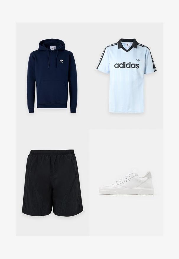 Mørkeblå hættejakke lavet af blødt, struktureret stof. Har en frontlomme, snoretræk i hætten og hvidt logo på brystet. Enkel design.; Lys blå sportsjersey med sort krave, med lodrette striber og tre sorte striber på hver ærme. "adidas" logo i sort.; Sorte shorts lavet af letvægts, struktureret stof, der har en elastisk talje og sidelæns paneldetaljer for et strømlinet udseende.; Hvide lædersneakers med en glat finish, rund tå, flade snørebånd og en struktureret sål. Grå ruskindsdetalje ved hælen.