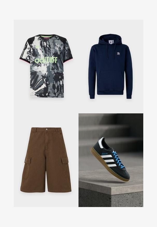 Sudadera azul marino hecha de un tejido suave y texturizado. Cuenta con un bolsillo frontal, capucha con cordón y un logo blanco en el pecho. Diseño sencillo.; Camiseta deportiva de manga corta y cuello redondo con un estampado abstracto en negro, blanco y gris; presenta un logo "adiTUFF" en verde neón y acentos en rosa.; Pantalones cortos cargo marrones con corte recto, dos bolsillos laterales y cierre de botón frontal. Fabricados en un duradero tejido de algodón con acabado mate.; Zapatilla negra Adidas con franjas blancas, cordones azules y suela de goma flotando sobre un escalón de hormigón gris con luz suave.