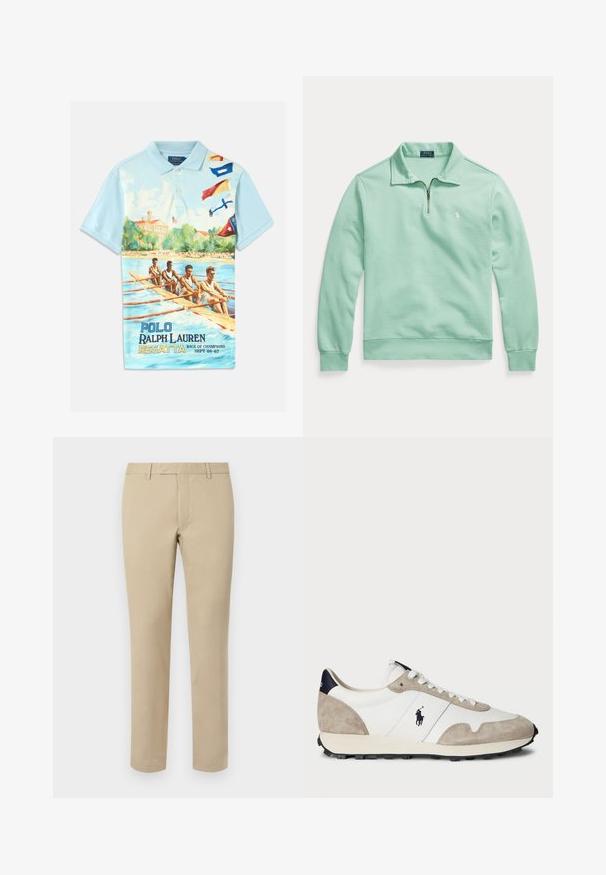 Pika varrukaga mündiroheline pullover kraega, esiküljel pool lukku, soonikkoes mansetid ja alläär, ning väike valge tikandiga logo rinnal.; Hele sinine polo särk, millel on vintage-stiilis aerutamisvõistkonna trükk, värvilised signaalilippud ja tekst "Polo Ralph Lauren Regatta Race of Champions Sept 08-67."; Beezikadest puuvillased püksid sirge lõikega, millel on vöörihmade aukud, lapitekinne ja kohandatud äärised. Sile tekstuur ja minimaalne detailide jagamine.; Valge ja beež sametist sneaker musta kummist tallaga ning Polo logo külgedel, vaadatuna väljastpoolt valge tausta ees.