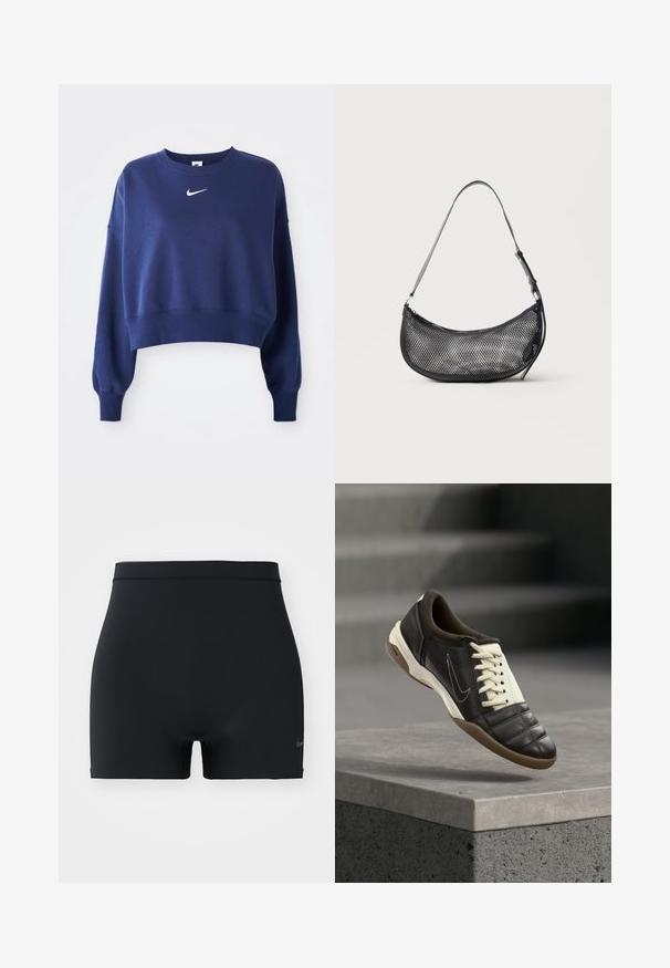 Tummansininen lyhyt huppari, joka on valmistettu pehmeästä kankaasta. Siinä on pyöreä kaula-aukko, pitkät hihat ja valkoinen Nike-logo rinnassa.; Mustat urheilushortsit, jotka on valmistettu sileästä, joustavasta materiaalista. Niissä on keskipitkä vyötärönauha ja pieni Nike-logo vasemmalla puolella.; Tummanruskea nahkainen lenkkari, jossa on kerma-valkoiset nauhat, pehmustettu kaulus ja teksturoitu kärkiosa. Varustettu kumipohjalla ja sivulle suunnatulla Swoosh-logolla.; Pieni musta verkko-olkalaukku puolikuun muotoinen, säädettävällä ohuella hihnalla, yksivärisen vaalean taustan edessä.