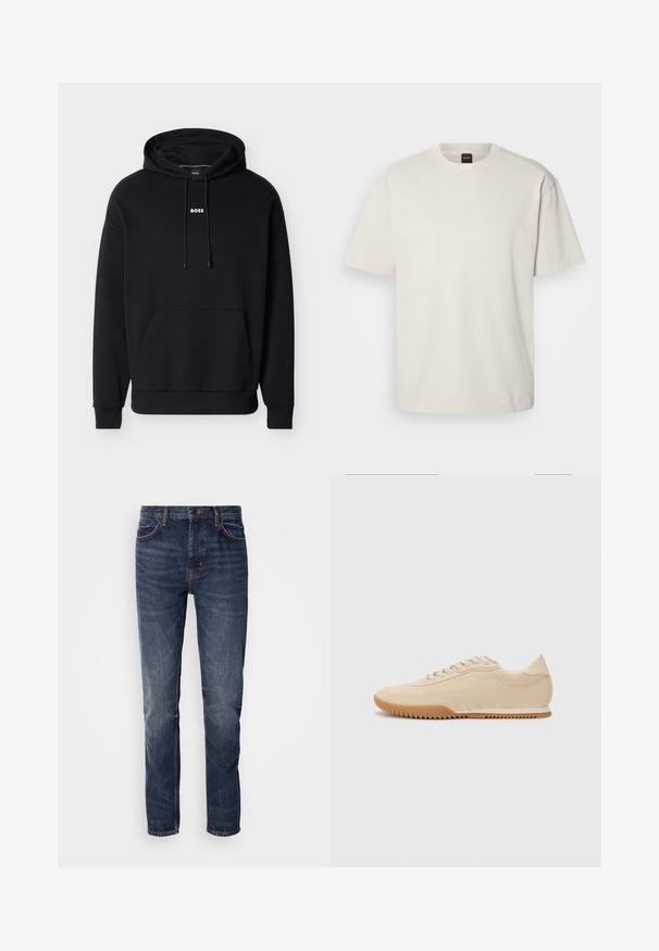 Sort bomuldshoodie med justerbare snore, frontlomme og lille hvid "BOSS"-logo på brystet. Glat tekstur, afslappet pasform.; Kortærmet, crew-neck t-shirt i off-white bomuld med lige snit og minimal branding på kraven. Blød tekstur, uden mønstre.; Mørkeblå denimjeans med lige ben, fem lommer og kontraststing. Let fadet overflade med en klassisk pasform.; Beige ruskinds sneakers med et strømlinet design, der har et struktureret overdel, rund tå og en gummisål med et zigzag-mønster.