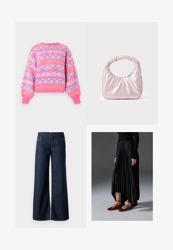 Strikket pullover-sweater med en pink bundfarve og blå, hvide og gule geometriske mønstre. Tætsiddende ribstrikkede manchetter og rund halsudskæring.; Bredde ben jeans i mørkeblå denim. Har kontrastsyninger, fem lommer og en knaplukning i taljen. Glat tekstur.; Sort plisseret nederdel med en høj-lav kant, parret med glansfulde røde flade sko med en remdesign. Stoffet har en glat overflade.; Rosa, polstret håndtaske med afrundet design, lavet af skinnende materiale. Har et samlet håndtag og en lynlås til sikker adgang.