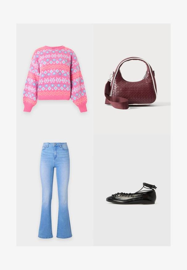 Gestrickter Pullover mit rosa Grundfarbe und blauen, weißen und gelben geometrischen Mustern. Eng anliegende, gerippte Bündchen und rundes Halsbündchen.; Hellblau ausgestellte Jeans mit hoher Taille, aus Denim gefertigt. Hat eine glatte Textur und einen subtilen Farbverlauf zum Saum hin. Klassisches Fünf-Taschen-Design.; Schwarze Ballerinas aus Lackleder mit runder Spitze, Schnürdesign und flacher Sohle. Glatte Textur mit minimaler Verzierung.; Dunkelrote gewebte Ledertasche mit gebogenem Griff, weißem Besatz, silbernem Reißverschluss und abnehmbarem breitem Stoff-Schulterriemen vor einfarbigem Hintergrund.