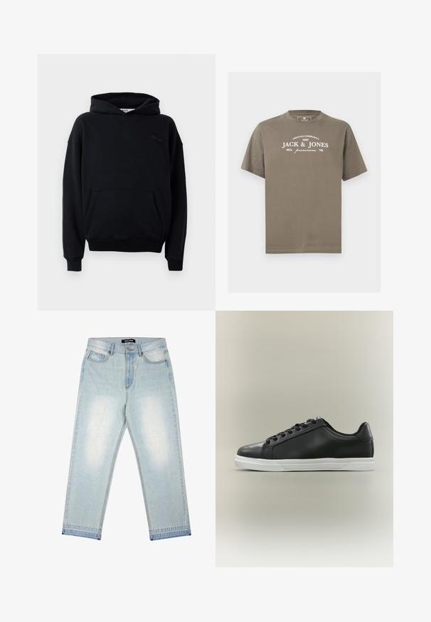 Schwarzer Baumwoll-Hoodie mit Kängurutasche, verstellbarem Kapuzenzug und gerippten Bündchen. Mit dezentem Branding auf der Brust. Weiche Textur.; Braunes T-Shirt mit kurzen Ärmeln, weißem "JACK & JONES" Schriftzug und Creative Community 1990 Branding auf der Brust, mit rundem Ausschnitt.; Pegador BARROW - Loose Jeans - sand washed blue; Schwarzer Sneaker mit niedrigem Schaft, weißer Gummisohle und schwarzen Schnürsenkeln, seitlich auf hellem beigem Hintergrund dargestellt.