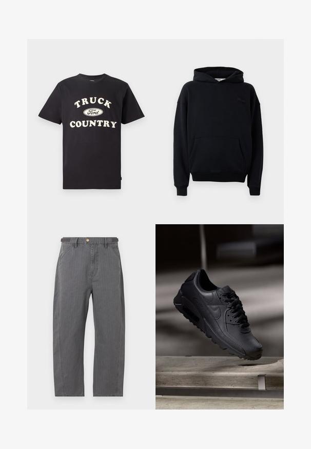 Sudadera de algodón negra con bolsillo canguro, capucha con cordón y puños de canalé. Presenta una sutil marca en el pecho. Textura suave.; Camiseta de algodón negro de mangas cortas con el texto "TRUCK COUNTRY" en color crema y un diseño del logo de Ford en el centro.; Pantalones grises de pierna recta con bolsillos delanteros, trabillas para cinturón y cierre con botón de latón, mostrados sobre un fondo blanco.; Zapatillas Nike Air Max negras con parte superior de cuero texturizado, suela de goma y un sistema de cordones prominente, que muestran un diseño elegante y moderno.