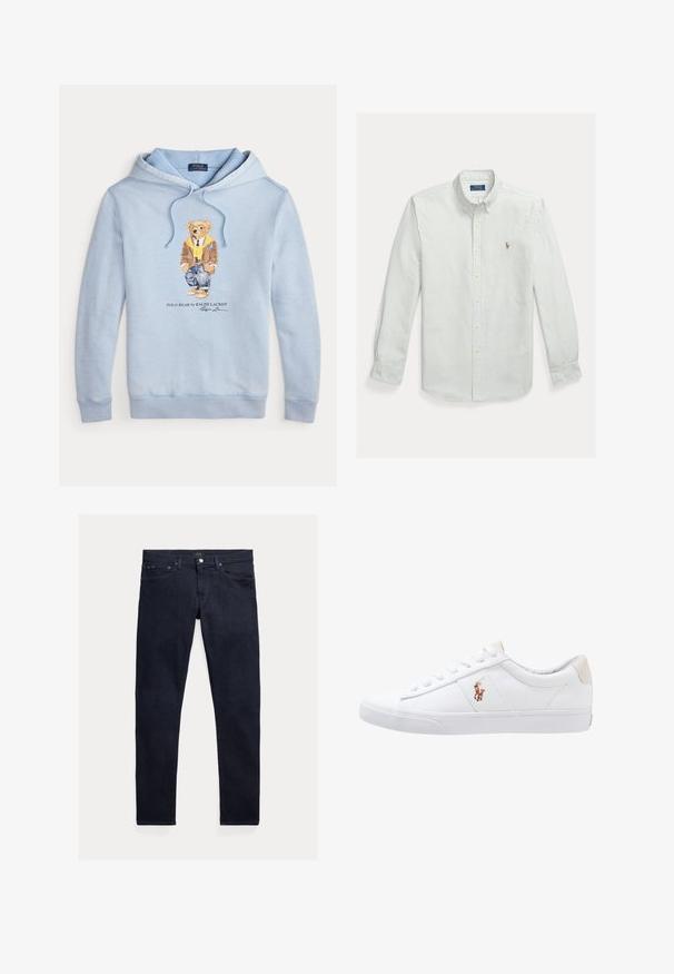 Helehelesinine kapuutsiga sulejope, millel on prillidega karu, kollane sall, pruun jakk, teksad ja tossud ning allpool tekst "Polo Bear by Ralph Lauren".; Helerohelist ja valgetriibuline nööbitav puuvillane särk, millel on klassikaline krae ja väike tikandiga logo rinnal.; Tumesinised teksapüksid kitsas lõikega. Omavad viit taskut, lukuga sulgemist ja metallist nööbi kinnitust. Sile tekstuur minimaalse pleekimisega.; Valge kanvasest tennis, madala lõikega disain, millel on beež kontsapink ja väike tikitud logo küljel. Kummi välissole.