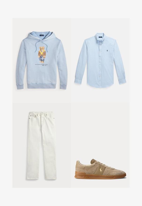 Himmelblauer Kapuzenpulli mit einem Bären, der eine Brille, einen gelben Schal, eine braune Jacke, Jeans und Sneaker trägt, mit dem Text "Polo Bear by Ralph Lauren" darunter.; Hellblau-weiß gestreiftes Hemd mit Knopfleiste, klassischem Kragen, langen Ärmeln und einem auf der linken Brust gestickten Logo. Baumwollstoff.; Weiße Denim-Jeans mit geradem Schnitt, ausgestattet mit fünf Taschen, Metallknöpfen und Ziernähten entlang der Nähte. Glatte Textur.; Beiger Wildleder- und Leder-Low-Top-Sneaker mit Gummisohle, weißen Schnürsenkeln und Polo-Logo an der Seite und an der Sohle.