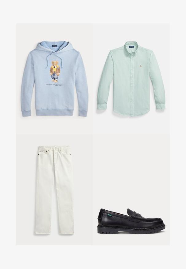 Vaaleansininen huppari, jossa on karhu, joka käyttää silmälaseja, keltaista huivia, ruskeaa takkia, farkkuja ja tennareita. Hupparin alla on teksti "Polo Bear by Ralph Lauren".; Vaaleanvihreä nappipaita, jossa on pystysuoria valkoisia raitoja, terävä kaulus ja pieni kirjailtu logo rinnassa.; Valkoiset farkut suoraa leikkausta, joissa on viisi taskua, metallinapit ja ompeluakkentit saumoissa. Sileä kangas.; Musta nahkainen loafer, jossa paksu uritettu pohja ja pieni vihreä "Polo"-lippu ulkoreunassa lähellä kantapäätä.